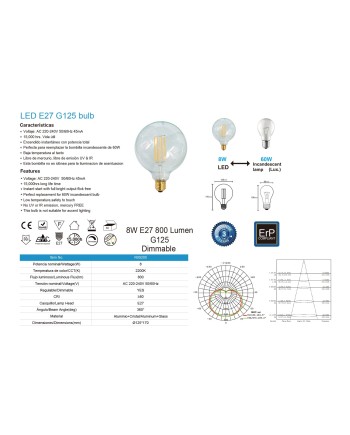 BOMBILLA LED VINTAGE G125 - E27 - 8W - 2200K - DIMABLE